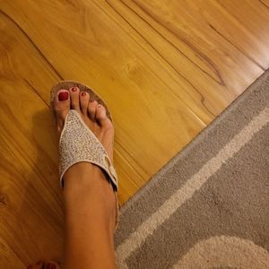 Sz 8 white mountain cork bottom sequin wedge sandal.